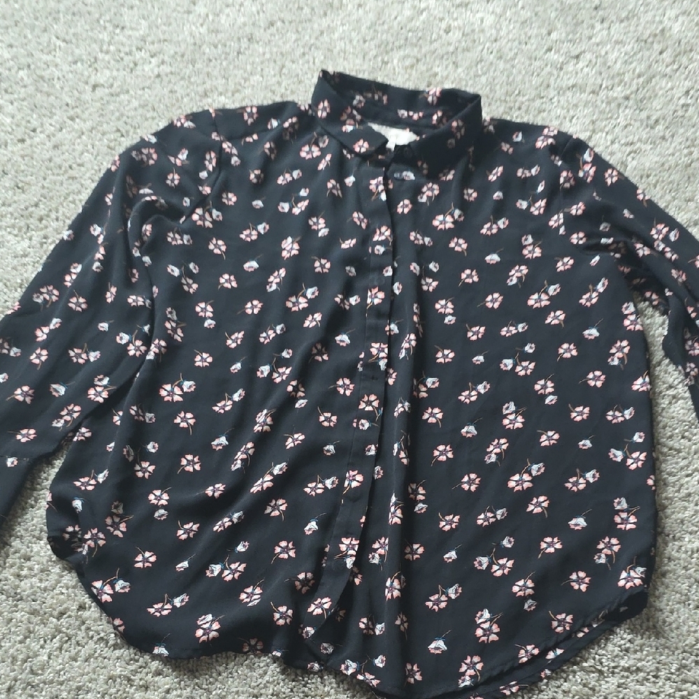 LOFT Black Blouse with Pink Floral Pattern